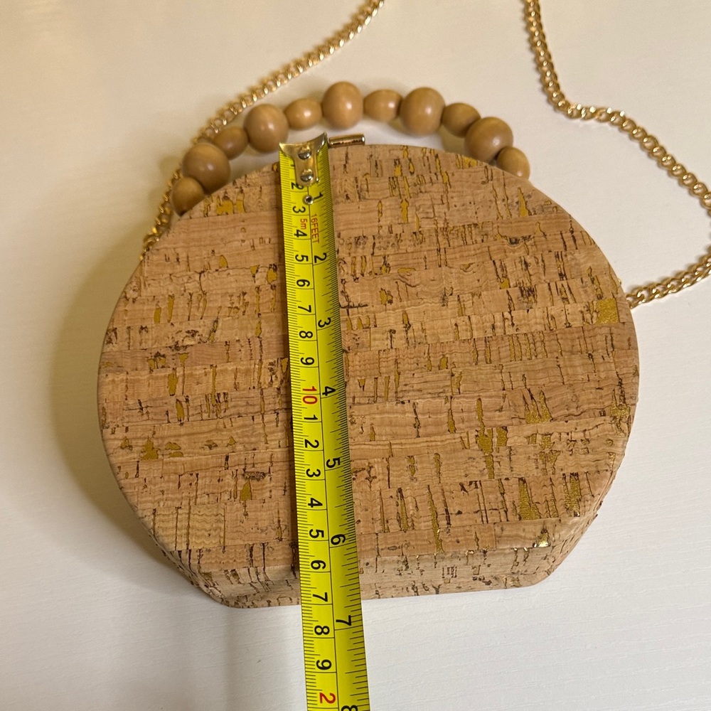 Tan Round Cork Crossbody with a wooden beaded top handle and gold tone chain - Picture 6 of 9